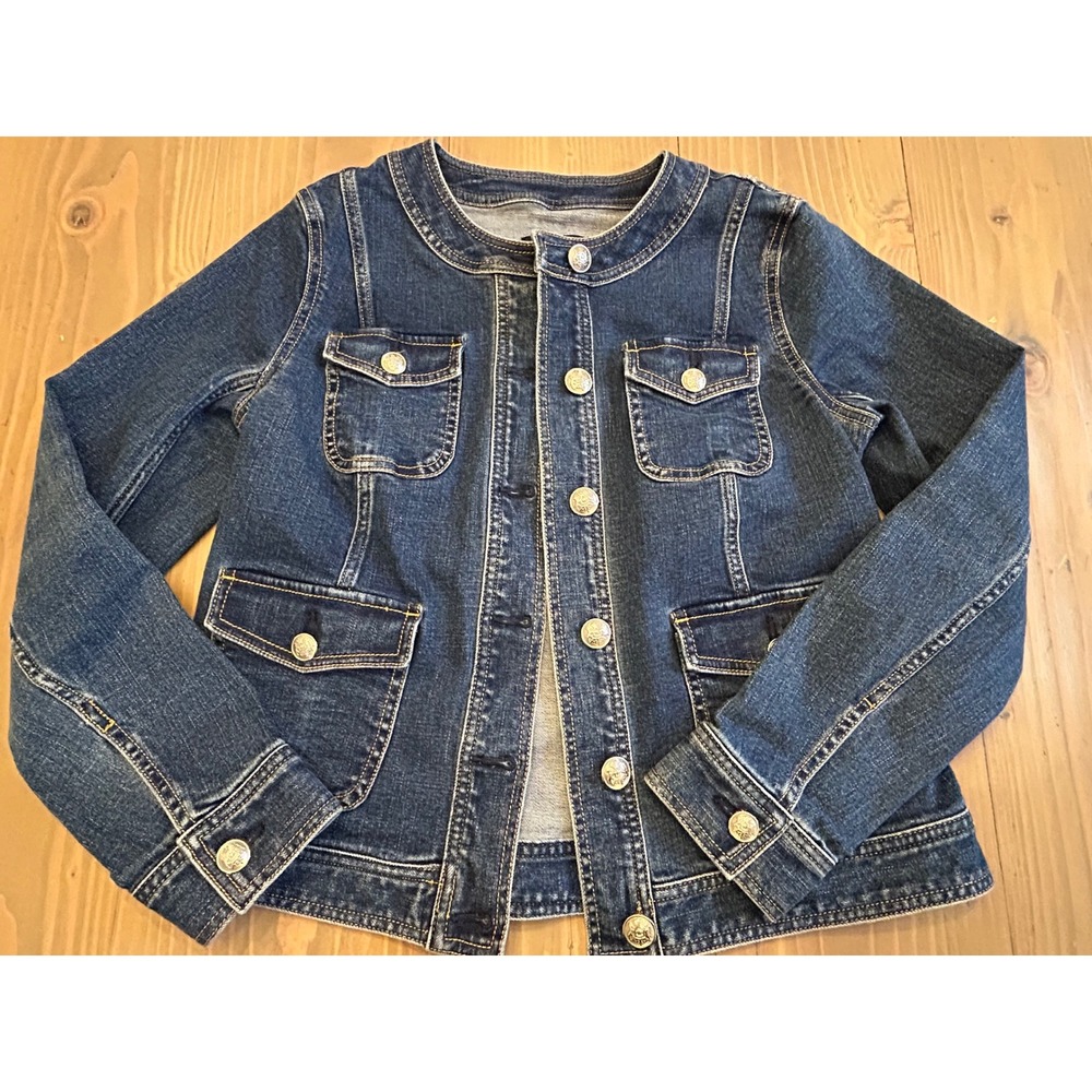 C9 Talbots Womens Denim Jacket Small‎ Medium Wash Collarless Button Military